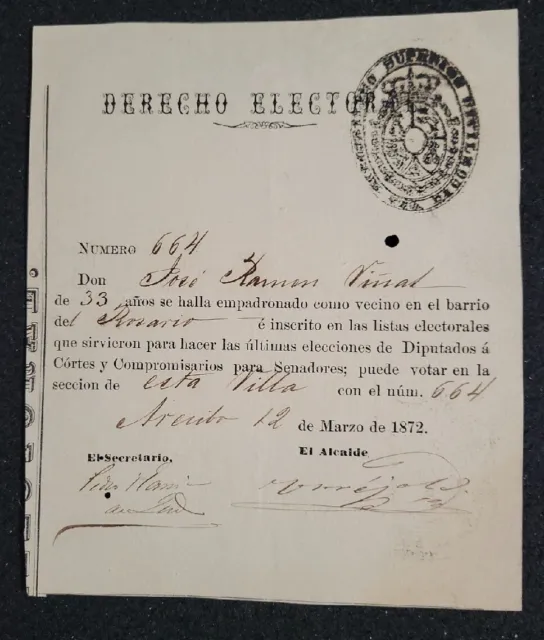 Spanish Colonial Used Derecho Electoral Document  Puerto Rico /12 De Marzo 1872