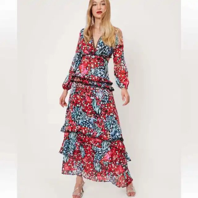 Nasty Gal Womens Cut Out Abstract Print Tiered Ruffle Maxi Dress Size 6 Colorful