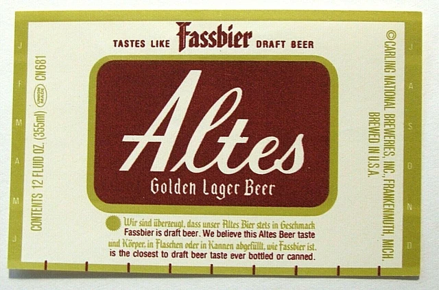 Carling National Breweries Co ALTES GOLDEN LAGER BEER beer label MI 12oz #CN681