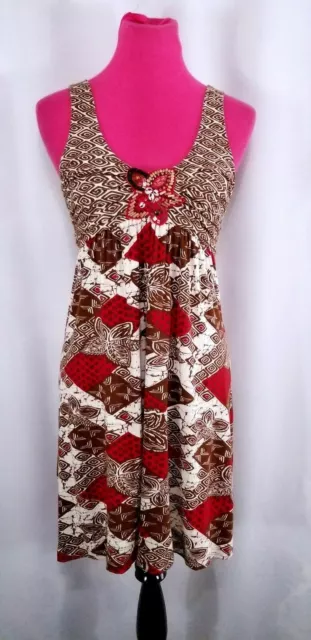Krista Lee Dress size S Brown Cream Geometric Sleeveless Beaded Flower Ruched