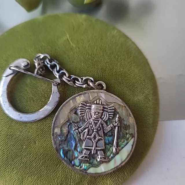 Vintage Sterling Silver 925 Aztec Calendar Abalone Shell Key Chain Ring 9g