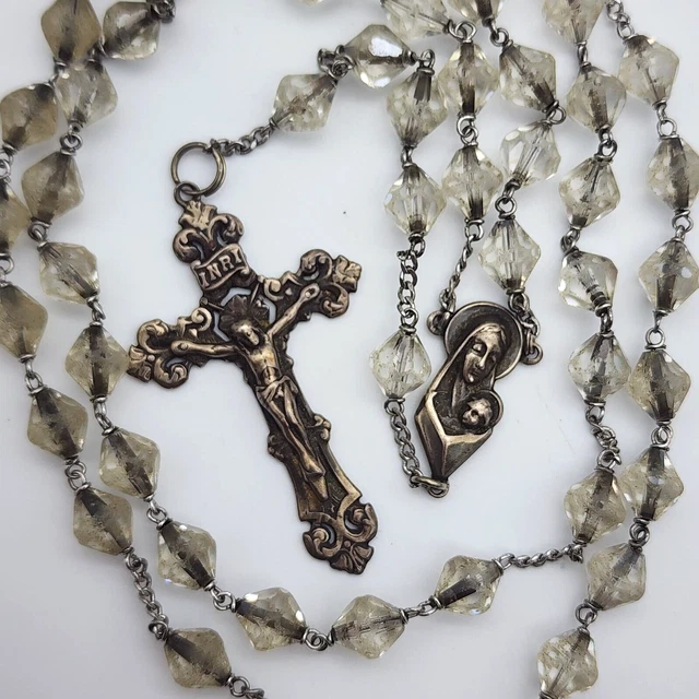Vintage Sterling Silver - Crystal Bead - Crucifix Cross Rosary