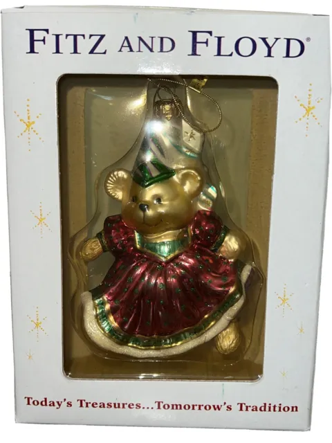 Vintage Fitz & Floyd GIRL Christmas Court Teddy Bear Glass Ornament NEW NUMBERED
