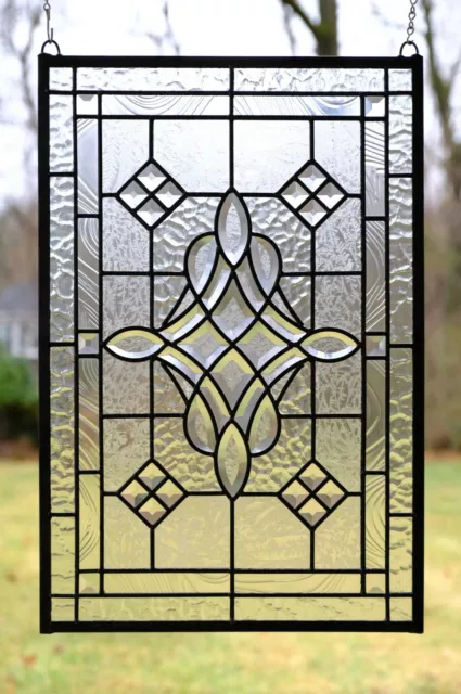 Handcrafted All Clear stained glass Beveled window panel 16" x 24"