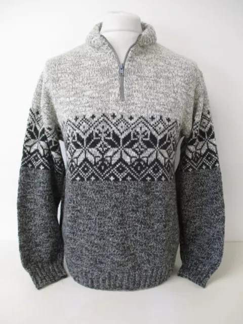 Fairisle Icelandic Sweater, Zip Neck Jumper, Grey Black, Small, To Fit 38" Chest