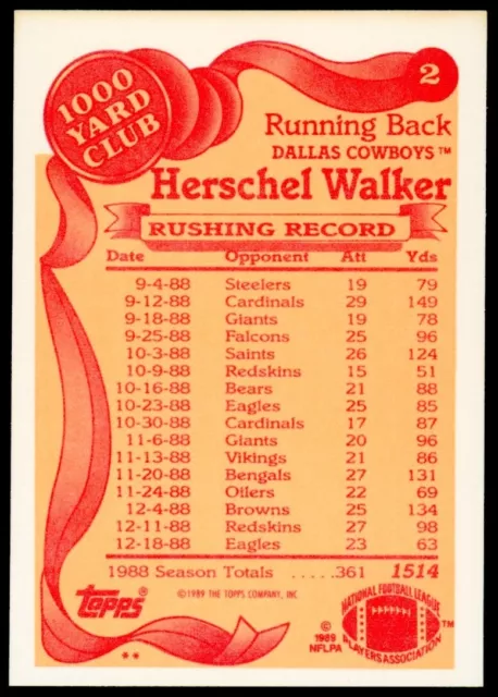 1989 TOPPS FOOTBALL NFL Herschel Walker Dallas Cowboys 1000 Yard Club ...