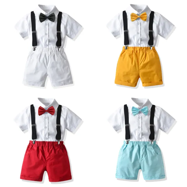 4 pezzi set di abbigliamento bambino bambini top + pantaloncini + mosca + bretelle compleanno estate