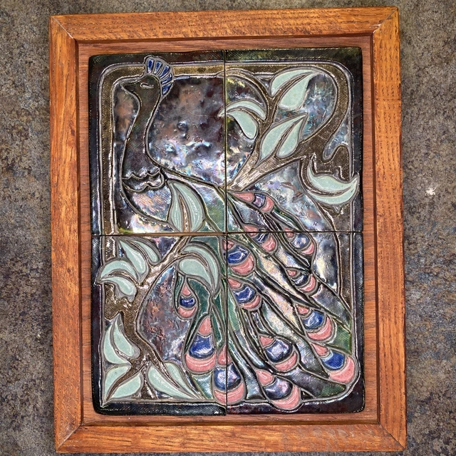 4 Piece Old Art Deco peacock Embossed Design Majolica Ceramic Tiles