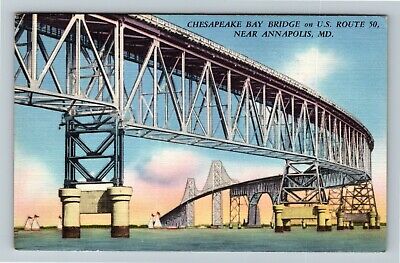 Annapolis MD- Maryland, Chesapeake Bay Bridge, US Route, c1955 Vintage Postcard
