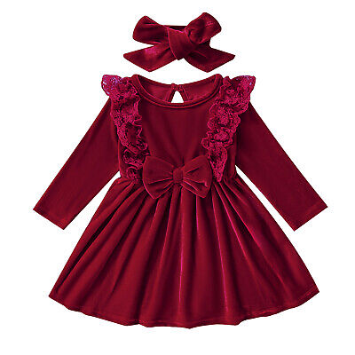 Toddler Girls Christmas Dress Princess Long Sleeve Ruffled Red Xmas Party Gowns