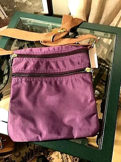 Purple Nylon Shoulder Cross body Bag with Brown Cotton Adjustable Strap Zippered