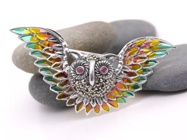 Argent Sterling Plique-à-jour Émail Rubis Marcassite Broche Hibou En Vol Vintage