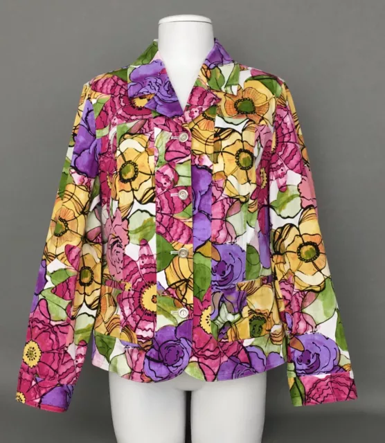 ADDITIONS By Chicos Multicolor Flower Print Women's Jacket Sz.2 ~ Cotton Blend