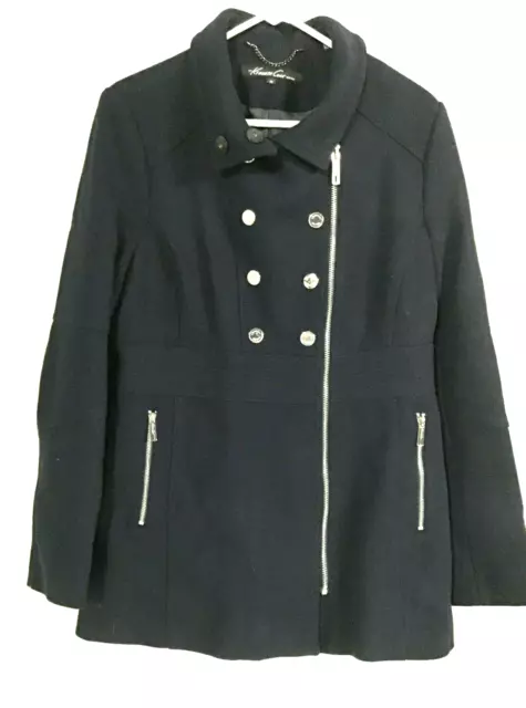 Kenneth Cole New York Womens 14 Navy Wool Blend Lined Military Style Pea Coat