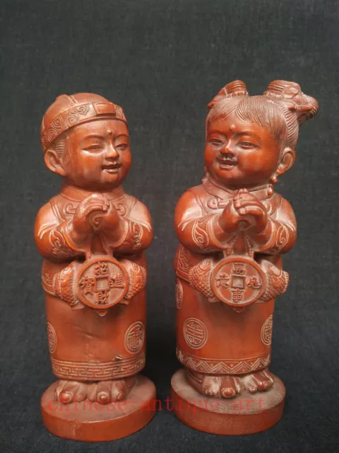 Collection China Old Boxwood Hand Carved young boys and girls Statue Decoration