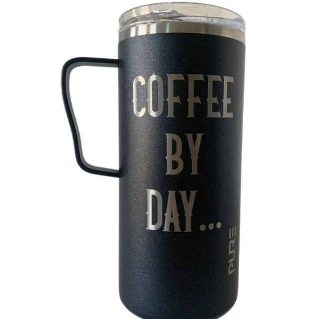 Pure Stainless Steel 18 oz Travel Mug Cup Hot Cold Coffee By Day Black Handle