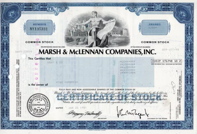 Marsh & McLennan Companies, Inc. Stock Certificate Less Than 1,001 Shares