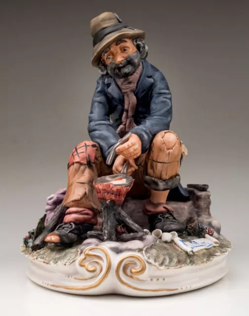 Italian Signed Capodimonte, Old Man Frying Eggs, Large Figurine 9" Tramp, Italy