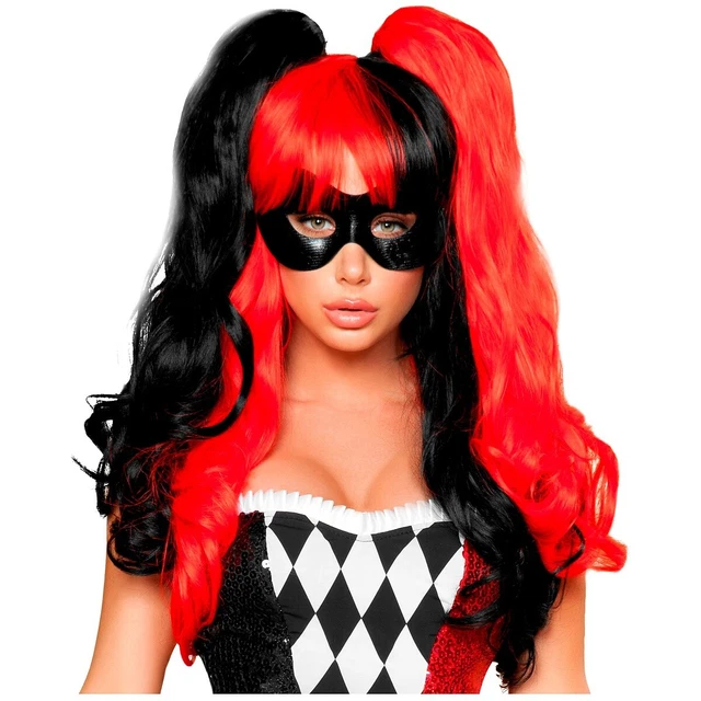 Red and Black Wig Adult Harlequin Jester Harley Quinn Costume Cosplay Halloween
