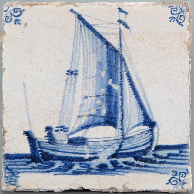 Nice Dutch Delft Blue tile, sailboat, 17th century.