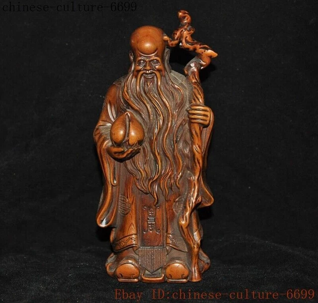 6'' Chinese boxwood Wood Carved Peach Shou Tao Longevity god Shou Xing statue