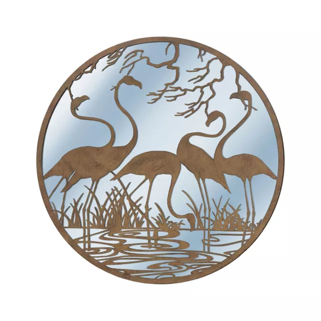 Willow & Silk Laser Cut 60cm Rustic Metal Flamingos w/ Mirror Round Wall Art