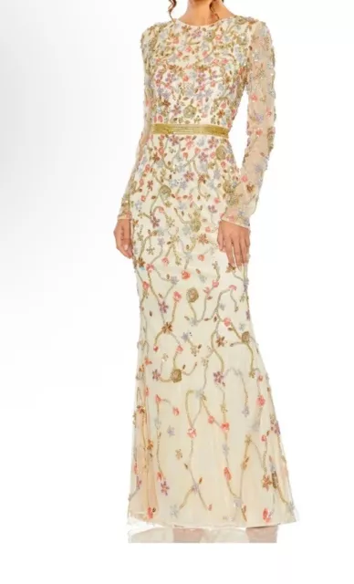 Mac Duggal Sz 12 Gown 6016 Floral Embellished Cream Floral Long Sleeve New