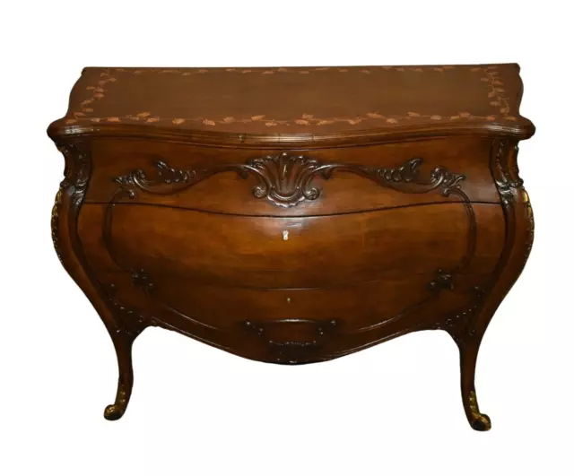 Antique Three Drawer Carved Walnut Italian Bombe' Commode w/Floral Painted Top