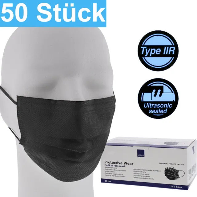 ABENA® Medizinischer Mundschutz OP-Masken 3-lagig SCHWARZ Typ IIR Maske 50 Stück