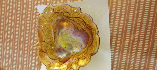 CANDY DISH BOWL CARNIVAL INDIANA GLASS LOGANBERRY LEAVES Amber Vintage. vgc
