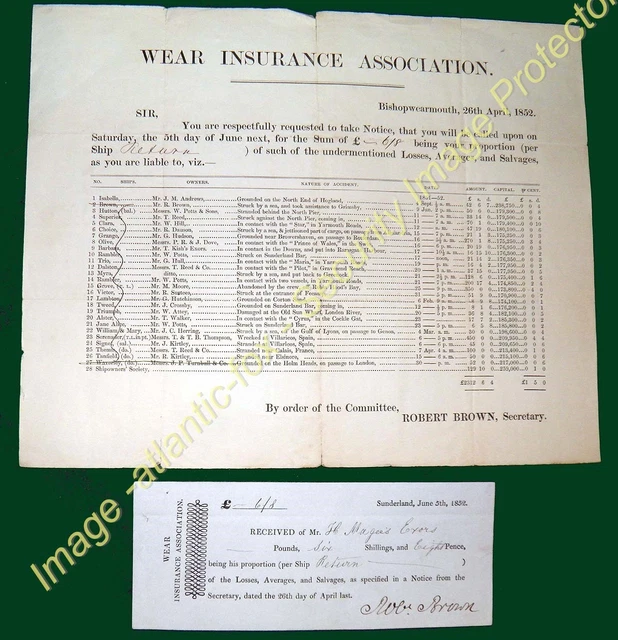 1852 WEAR INSURANCE ASSOCIATION, premium receipt for SHIP "RETURN" and Loss info