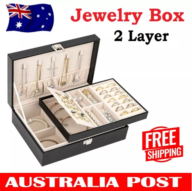 Jewelry Organizer 2 Layer Case Box Storage Earring Ring Velvet Display Leather