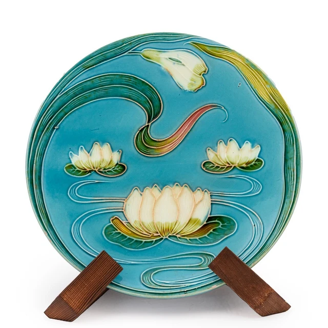 Vintage Baden G.S. Zell Art Nouveau Majolica Lotus Water Lilies Plate 10"