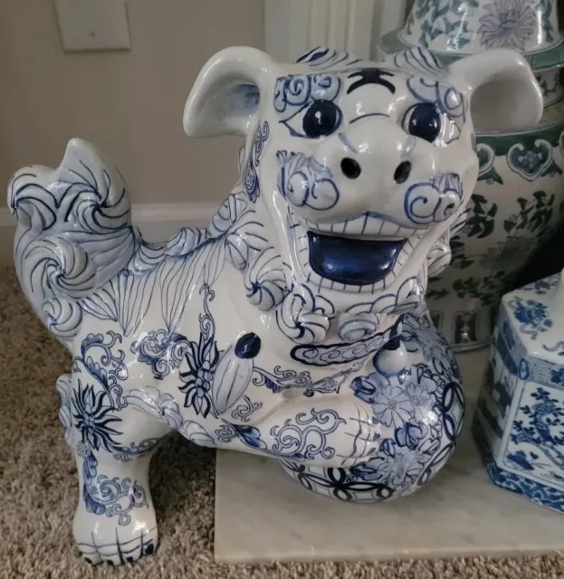 Pair Set of 2 Blue White Porcelain Large Chinoiserie Foo Lion Dog Statues 16"