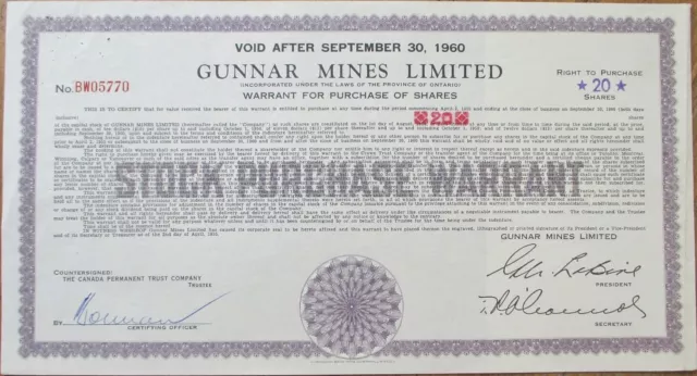 Ontario, Canada Mining 1955 Stock Warrant Certificate: Gunnar Mines, Ltd.