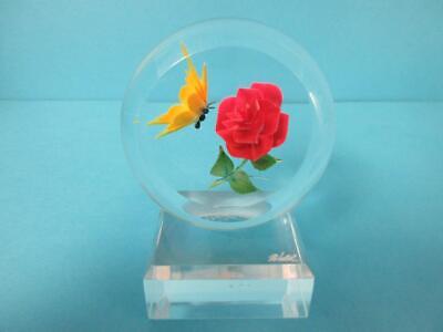 'Wald' Luc Lucite Paperweight Red Rose W Yellow Butterfly 4" Mcm Mid Century Mod