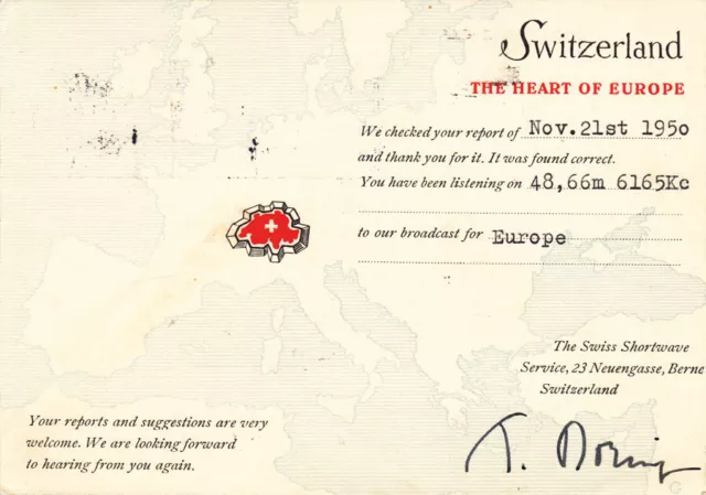 1950 QSL: HER3 Swiss Broadcasting Service, Berne, Switzerland