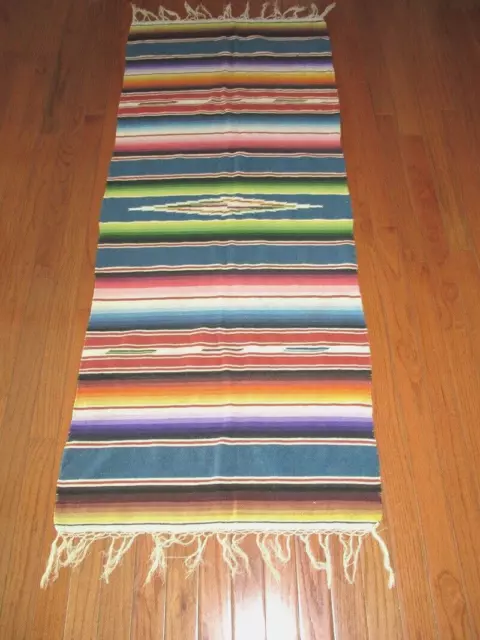 Vtg 40'S 24X60 Blue Multicolor Southwestern Eyedazzler Cotton Serape 4" Fringe
