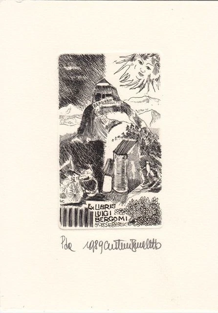 Exlibris Bookplate Radierung Cristiano Beccaletto 1948 Bücher Hütte Berge
