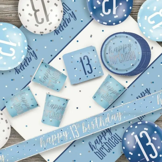 Glitz Blue 13th Birthday Party Tableware Decoration Plates Banners Candle Age 13
