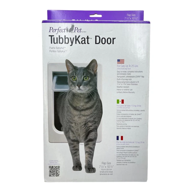 Puerta TubbyKat PET PERFECTA con cerradura de 4 vías y solapa Lexan para gatos de hasta 25 libras.