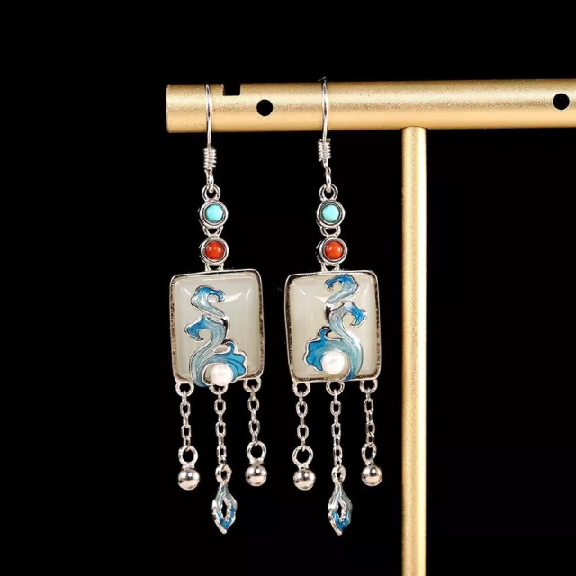 F03 Colorful Phoenix Earrings on Light Jade 925 Sterling Silver