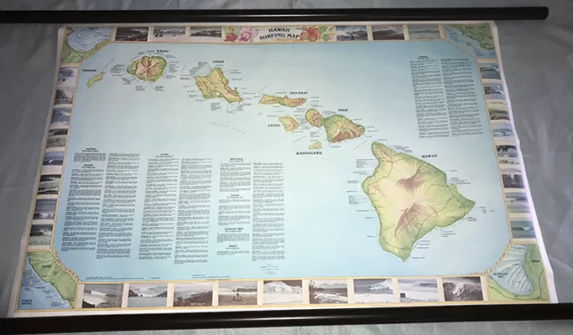 Vintage 1980’s Hawaii Surfing Map Poster 23” x 35”