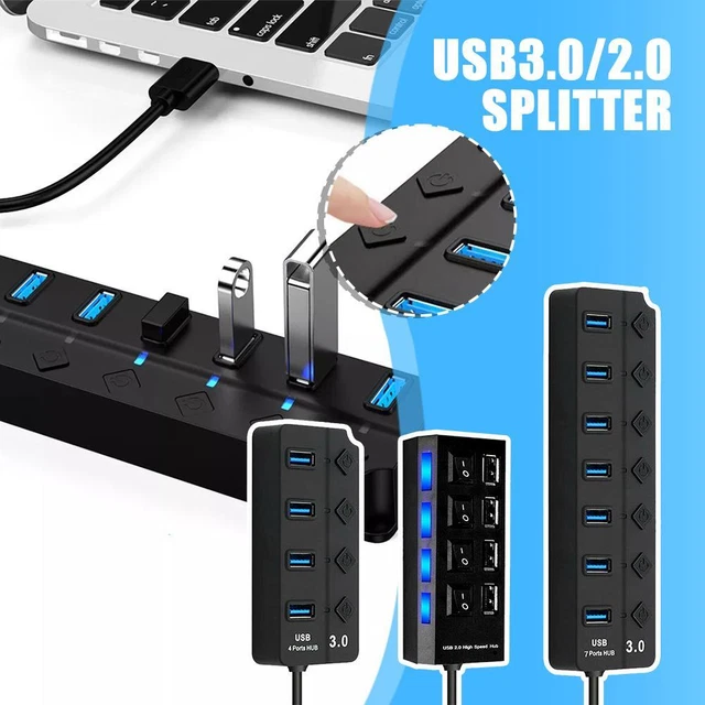 USB 3.0 Hub 4/7 Port Splitter Verteiler Adapter Netzteil Verteiler für Laptop