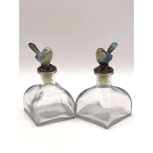 Vintage Set of 2 Glass Bottles with Enamel Birds Bathroom Vanity