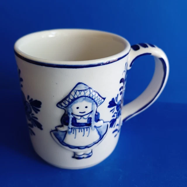 Delft Blue Hand Painted Embossed Dutch Girl and Flower Design Mug Blauar Holland