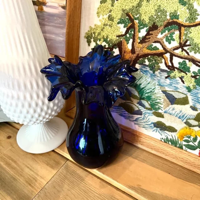 Vintage Cobalt Blue Vase With Ruffled Crimped Rim Hand Blown Art Glass