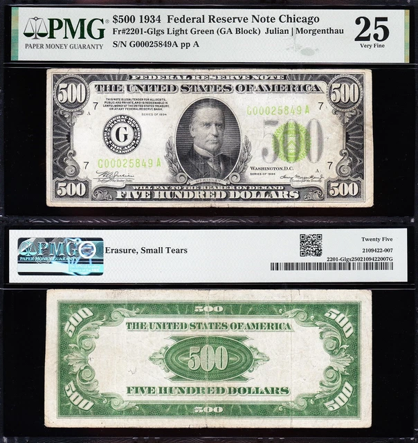 VERY NICE Bold VF 1934 "LIME GREEN SEAL" $500 Chiago FRN bill! PMG 25! FREE SHIP