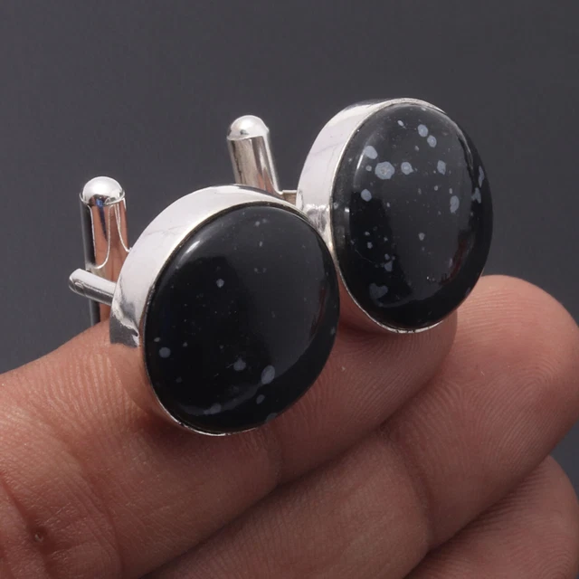 Snowflake Obsidian Sterling Silver Plated Cufflinks 0.9" Gemstone Jewelry F11157