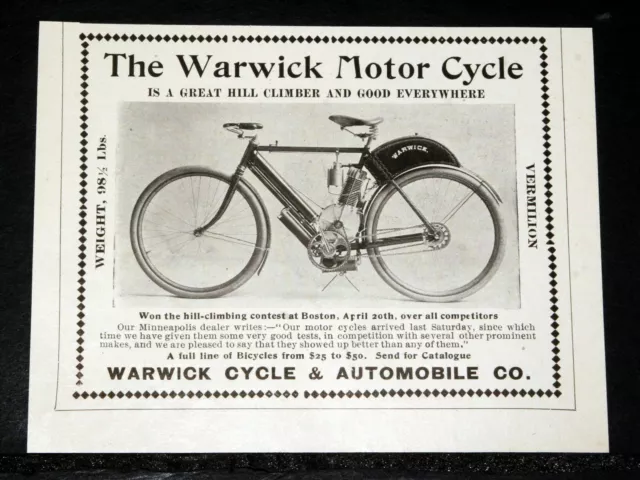 1903 Old Magazine Print Ad, The Warwick Motor Cycle, Is A Great Hill Climber!